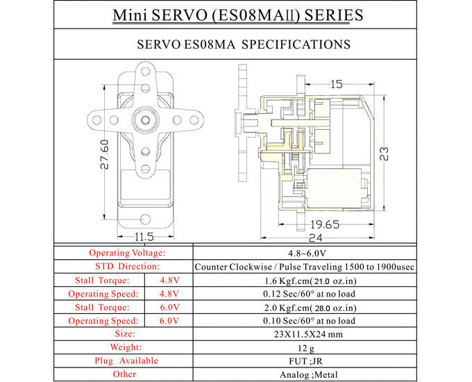 EMAX ES08MA II 12g Mini Metal Gear Analog Servo for RC Model&Robot PWM servo official specification page 1