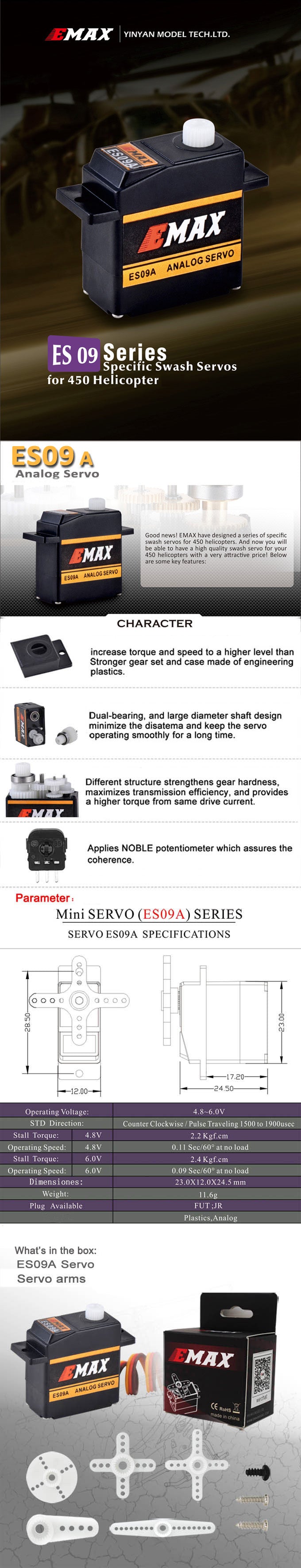 ES09A (dual-bearing) specific swash servo for 450 helicopters official specification page 1