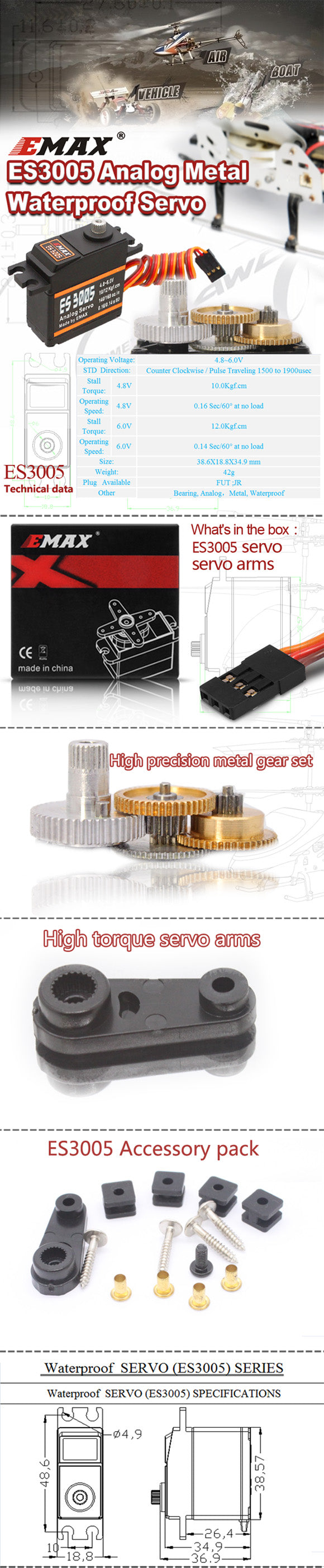 EMAX ES3005 42g Metal Analog Servo for RC Airplane Waterproof official specification page 1