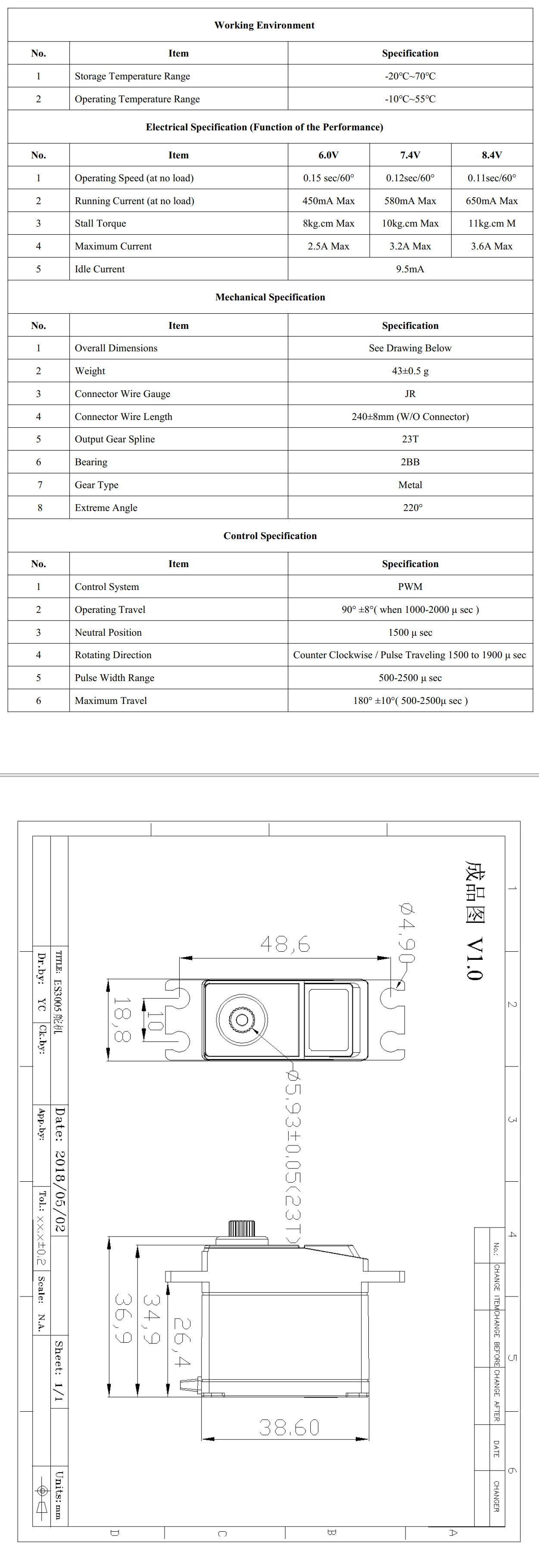 ES3005HV All-Purpose High Voltage Metal Gear Digital Servo official specification page 1