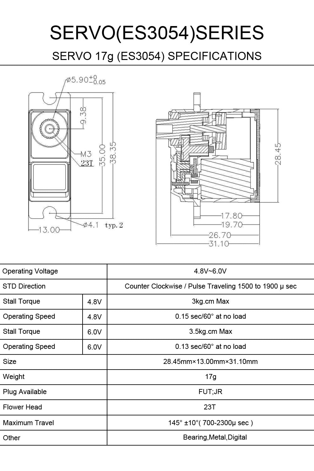 Emax ES3054 17g 3.5kg 0.13sec 23T Metal Gear Digital Servo For RC Airplane ES3154 upgrade official specification page 1