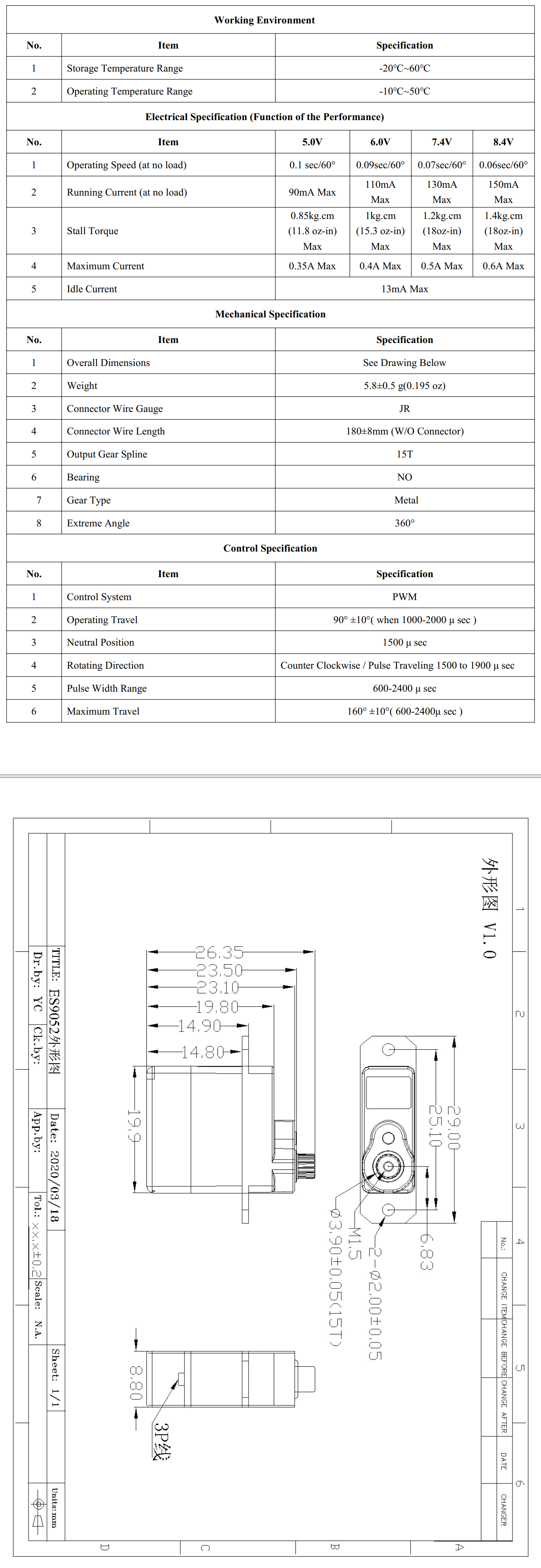 ES9052MD HV All-Purpose High Voltage Metal Gear Digital Servo official specification page 1
