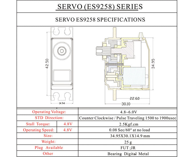 ES9258 rotor tail servo for 450 helicopters official specification page 1